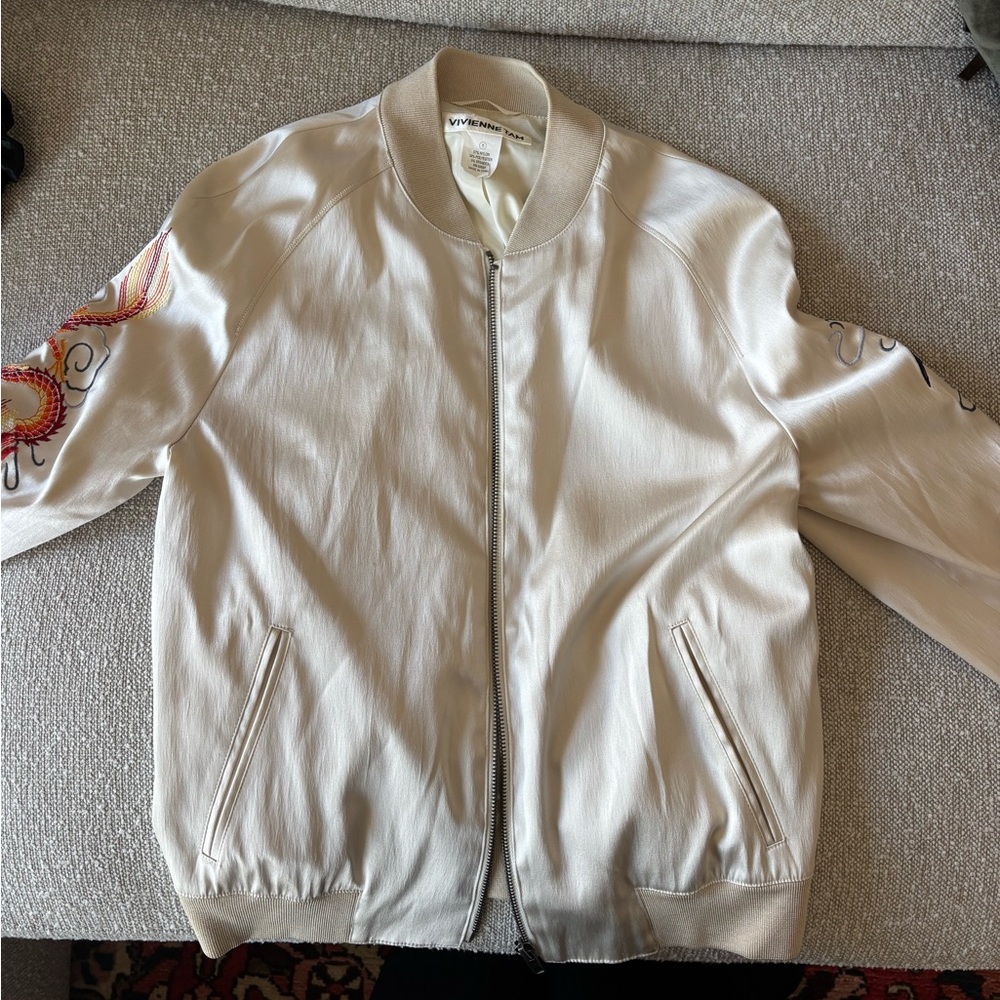 Vivienne Tam Cream Zip-Front Bomber with Embroidered Dragon Sleeve